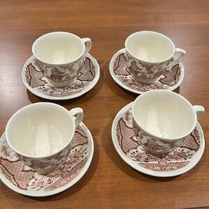 4 tea cup saucer set Brown and White Transferware Alfred Meakin Fair Winds​